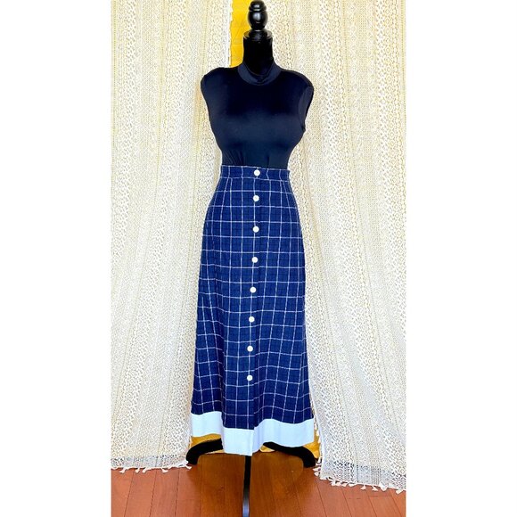 Vintage Handmade Preppy Nautical Wool Navy Blue Plaid Maxi Skirt Size S - Picture 8 of 13